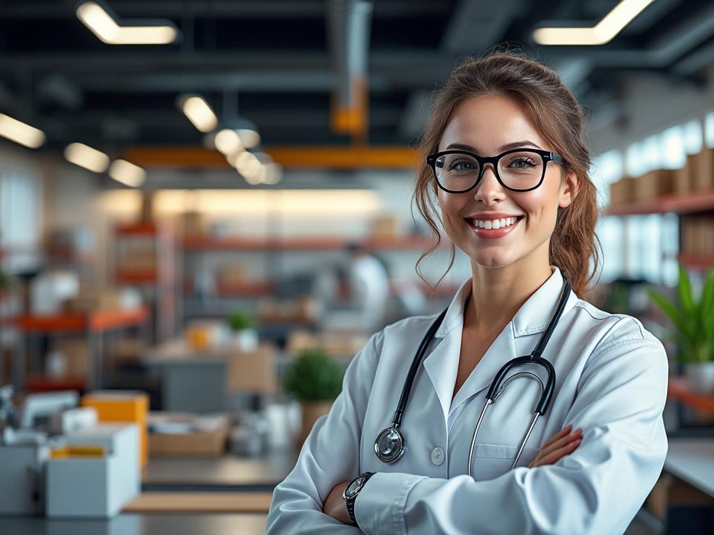Doctora sonriente con bata blanca y estetoscopio en oficina moderna