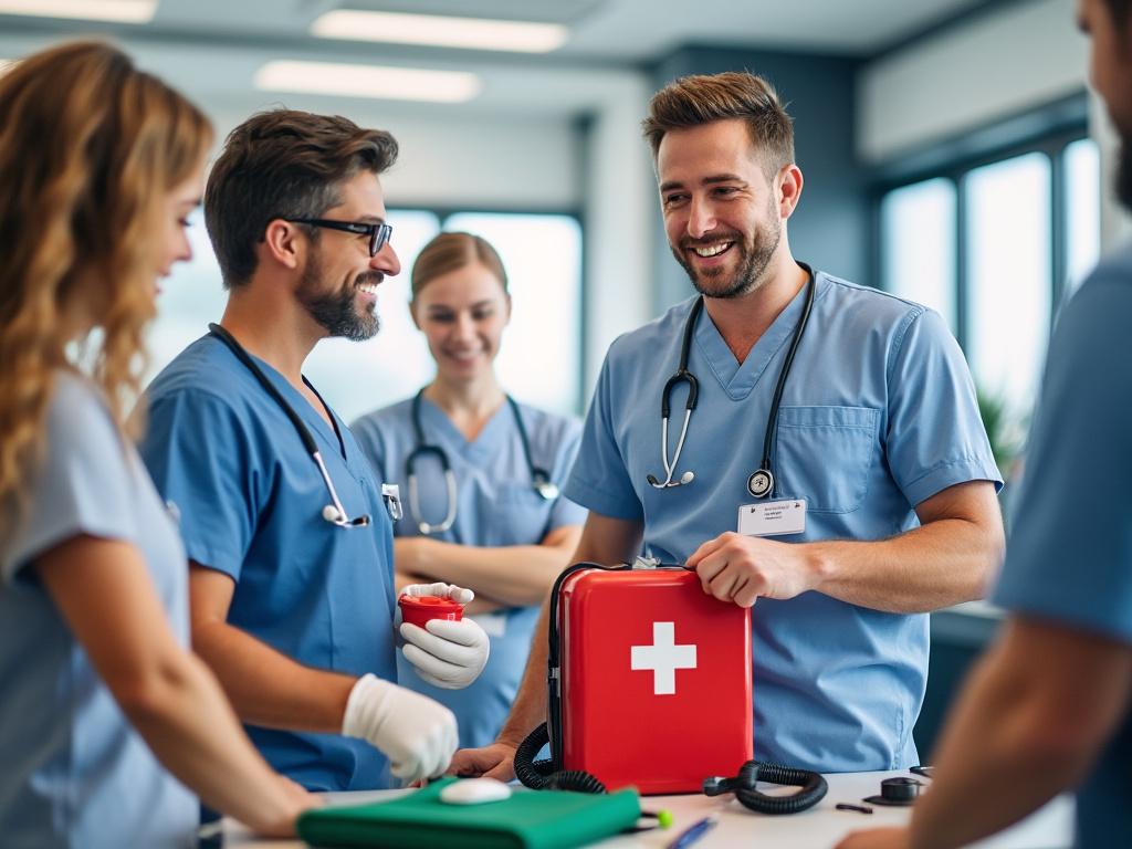 Group of healthcare professionals in blue scrubs gathered around a table, smiling and discussing medical equipment, with a focus on a red first aid kit. Group of healthcare professionals in blue scrubs gathered around a table, smiling and discussing medical equipment, with a focus on a red first aid kit.