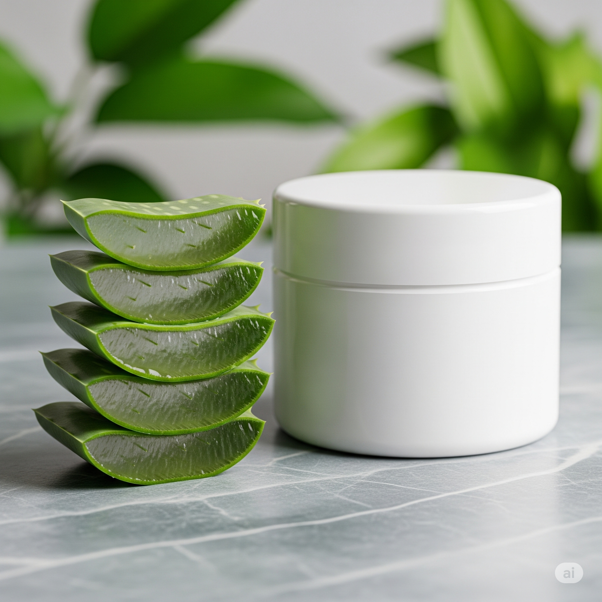 Aloe vera slices stacked beside a white round jar on a marble surface, with blurred green plants in the background.
