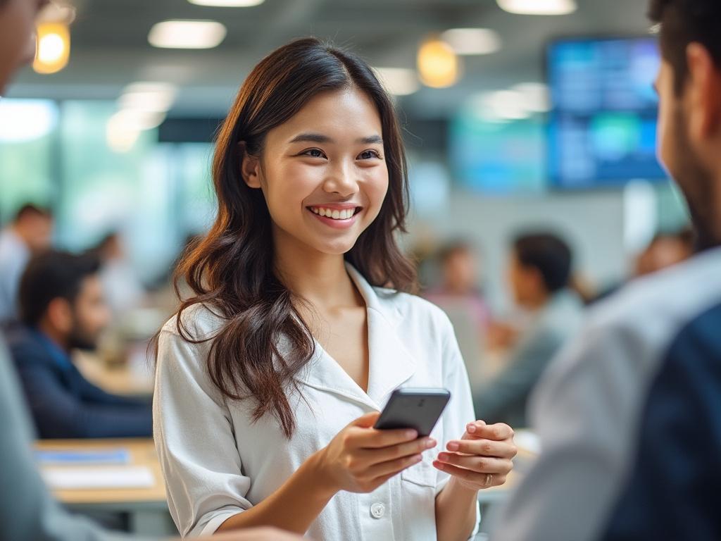 Mujer joven sonriendo y sosteniendo un teléfono móvil en una oficina moderna con enfoque desenfocado en el fondo.