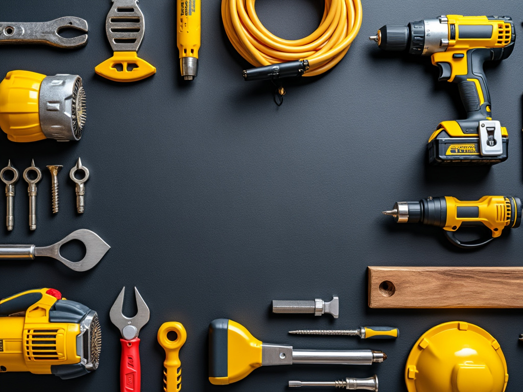 Herramientas de construcción y bricolaje en fondo gris, incluyendo taladros, sierra, destornilladores, casco amarillo y otras herramientas.