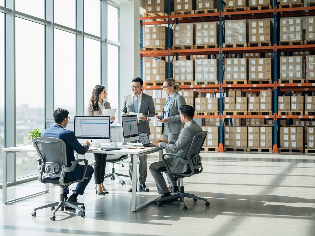 Equipo de profesionales revisando datos en oficina moderna dentro de un almacén logístico con estanterías de cajas