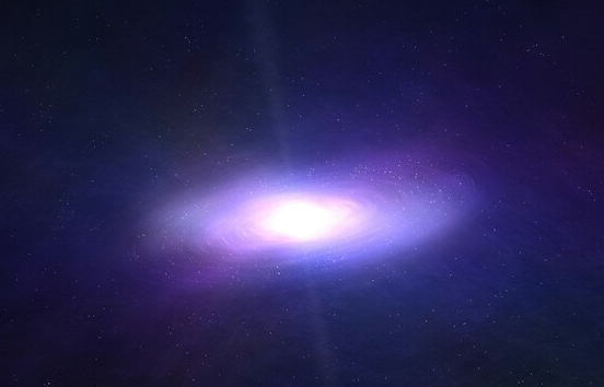 Bright spiral galaxy in deep space with vibrant blue and purple hues, surrounded by distant stars.