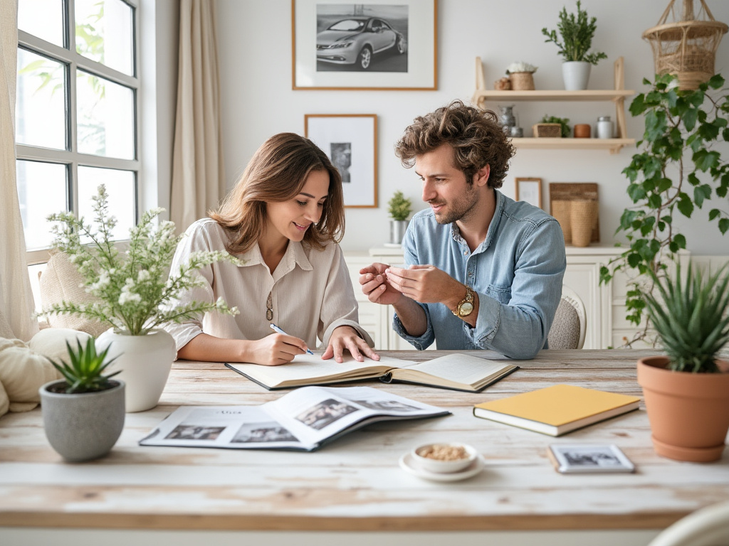 Pareja trabajando en mesa de madera con plantas y libros en una sala iluminada.