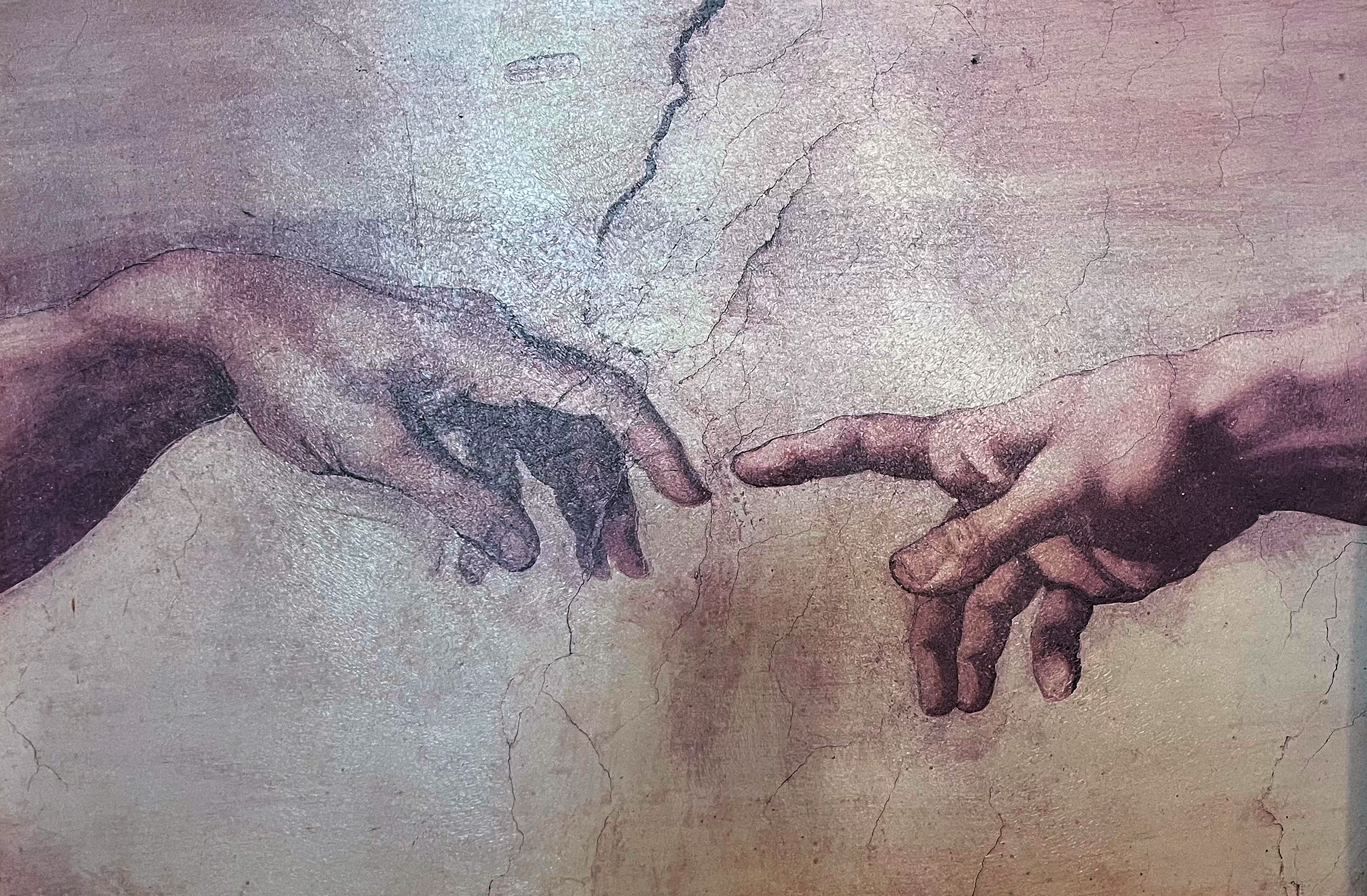 Artwork displayed in the Zion Hill Baptist Church Main Sanctuary: Renaissance painting detail of two hands reaching towards each other on aged fresco.