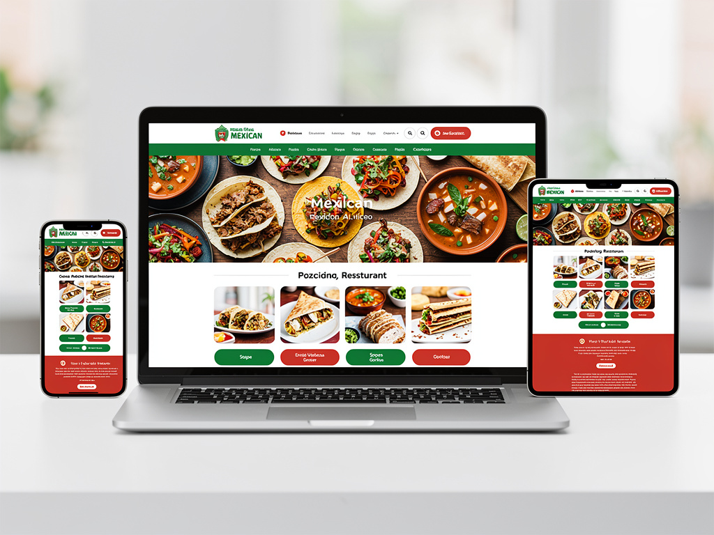 Diseño web responsive para restaurante mexicano mostrado en laptop, tablet y móvil con tacos y platos tradicionales