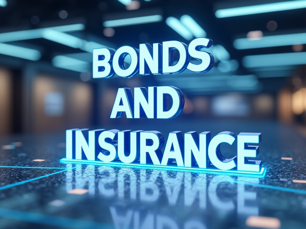 Texto 3D luminoso “Bonds and Insurance” sobre fondo futurista azul, concepto de fianzas y seguros financieros