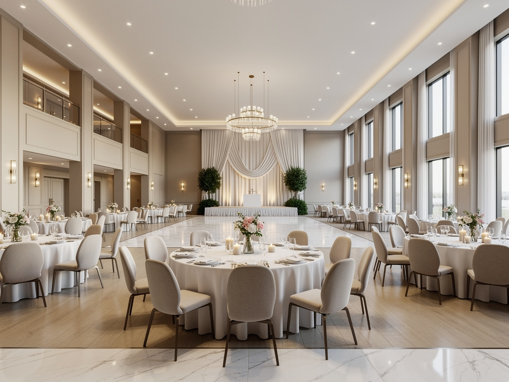 Elegante salón de bodas con mesas redondas decoradas, candelabro de cristal y grandes ventanales