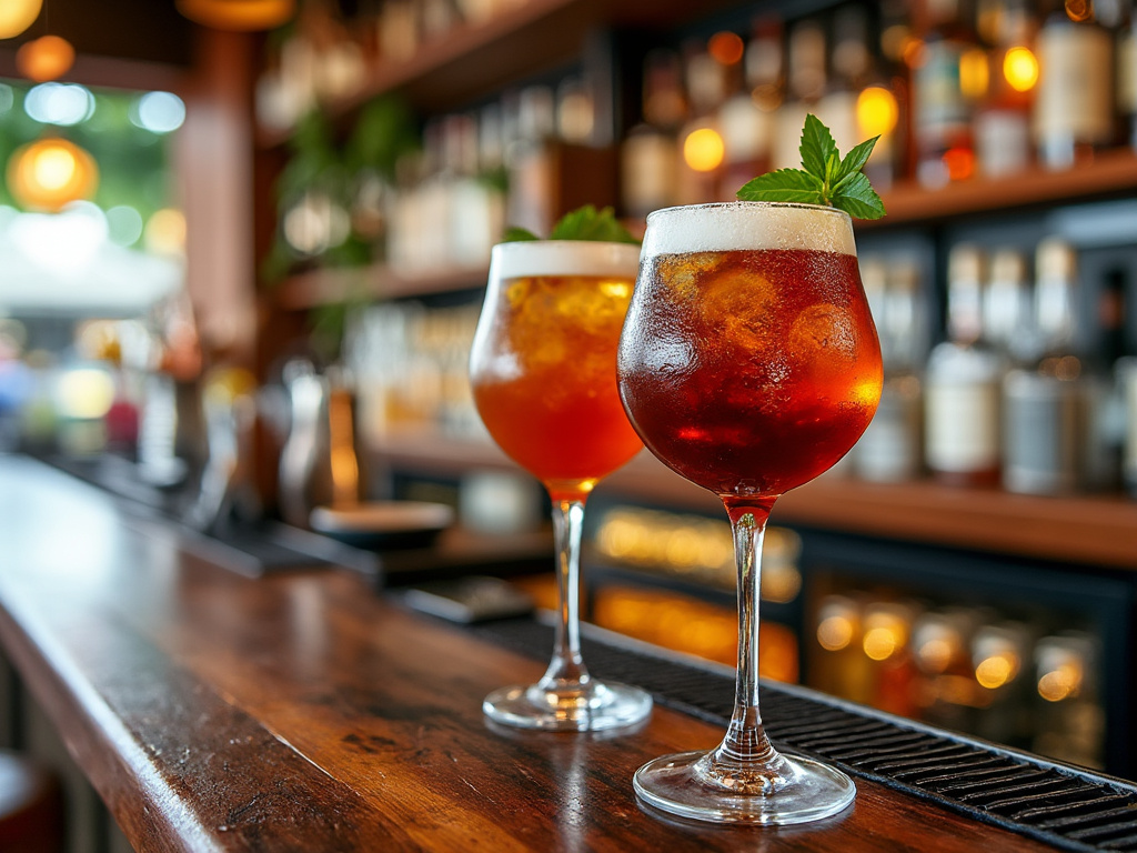 Dos cócteles en copas frías sobre una barra de bar, decoradas con hojas de menta, con ambiente cálido y botellas desenfocadas al fondo.