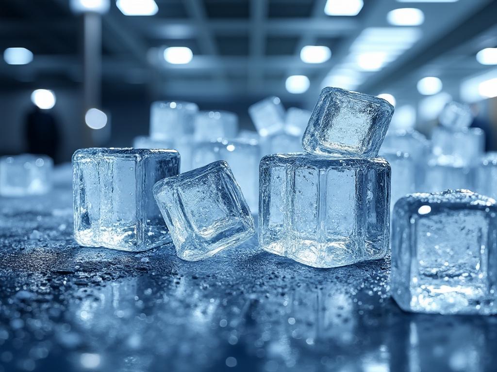 Cubos de hielo cristalinos sobre una superficie reflejante en un ambiente iluminado.