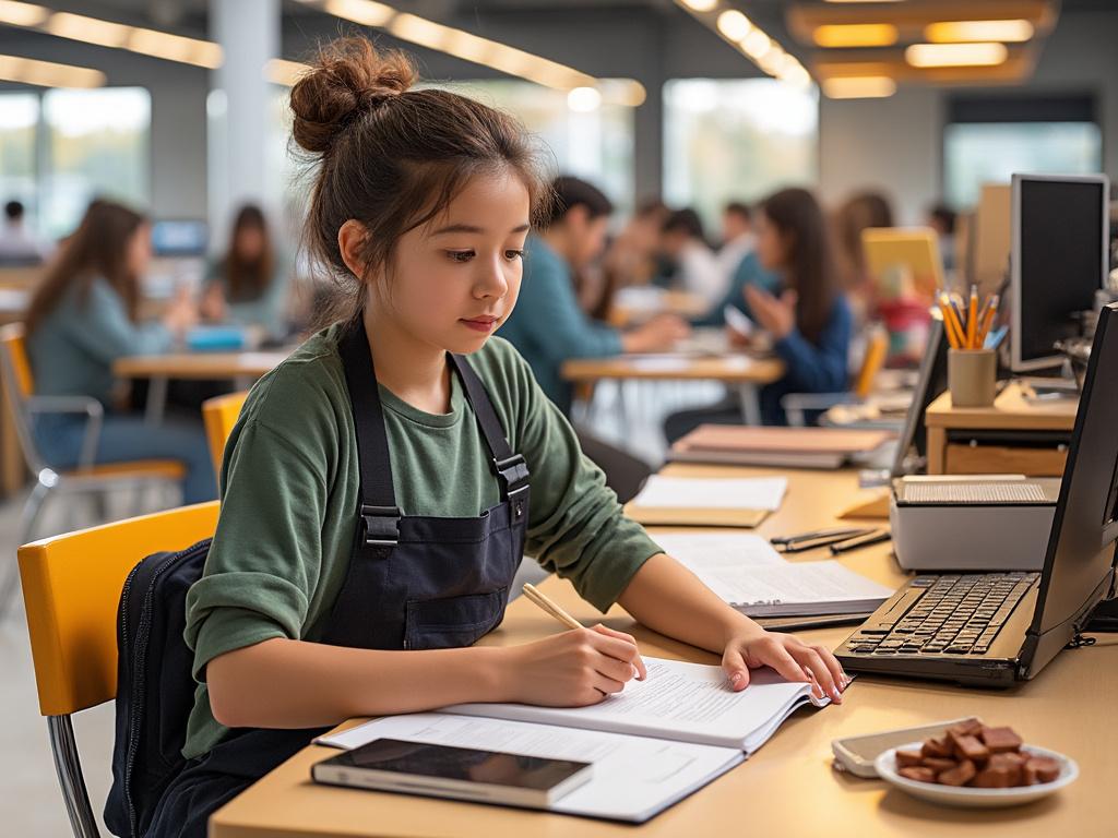 Young girl studying at a desk in a library setting, using a pencil and notebook with a laptop nearby, surrounded by students.