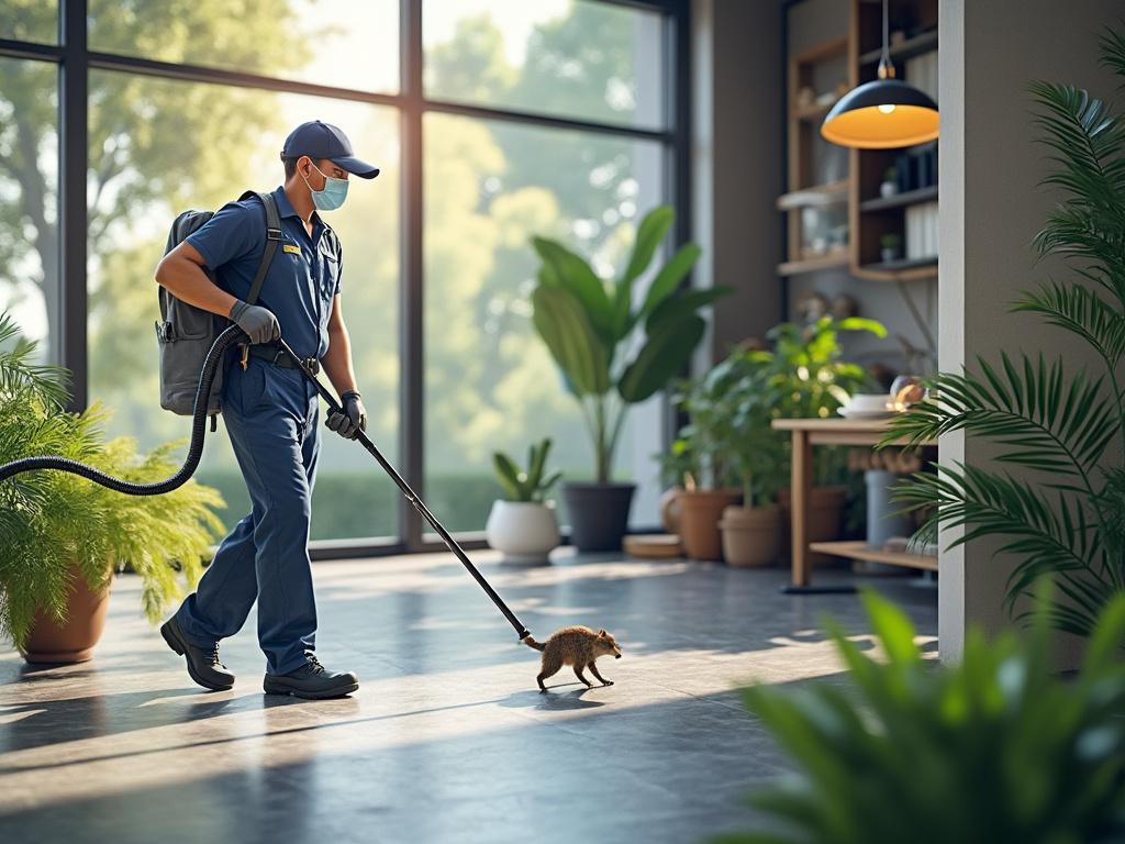 Profesional de control de plagas con uniforme azul y mascarilla, usando aspiradora en una oficina llena de plantas mientras una rata corre.
