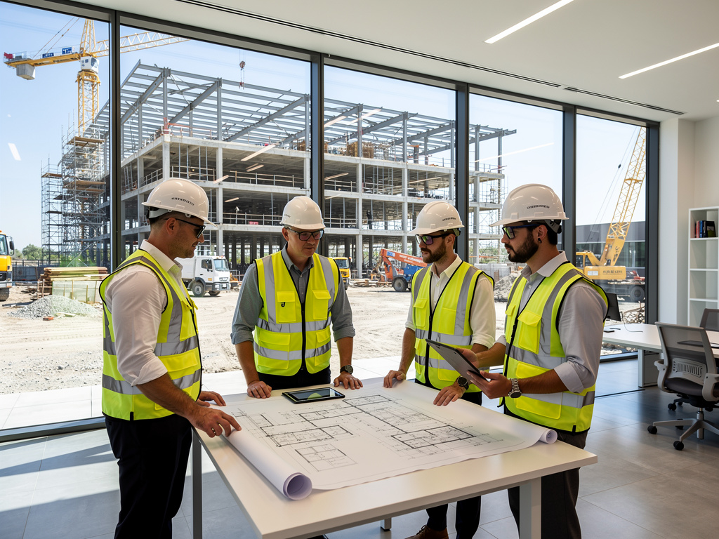 Ingenieros de construcción revisando planos en oficina frente a obra con grúas y estructura metálica