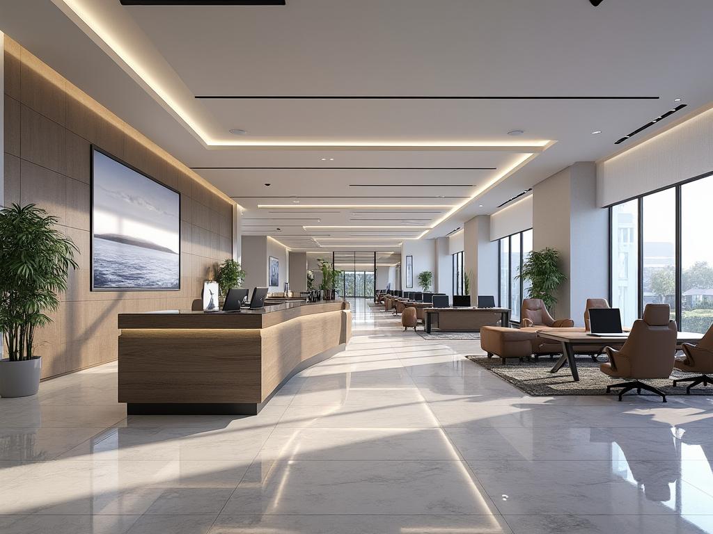 Moderno vestíbulo de oficina con recepción de madera, sillas cómodas, plantas decorativas y amplias ventanas panorámicas.