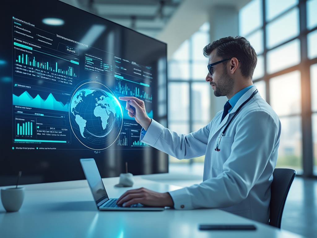 Médico analizando datos en pantalla digital en oficina moderna.