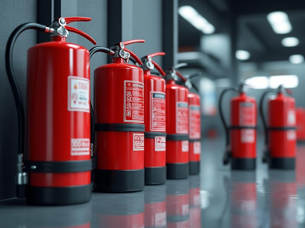 Extintores rojos alineados en un pasillo moderno con fondo borroso.