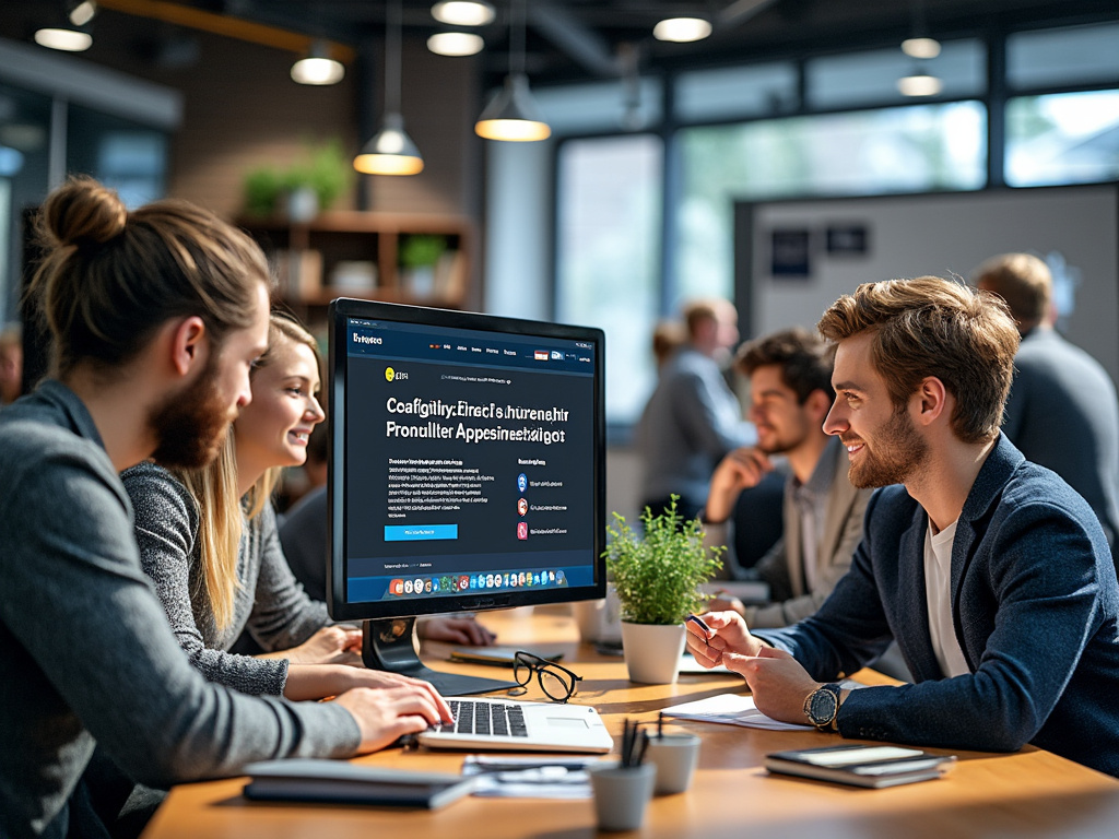 Equipo de profesionales colaborando en una oficina moderna frente a un ordenador con pantalla de sitio web