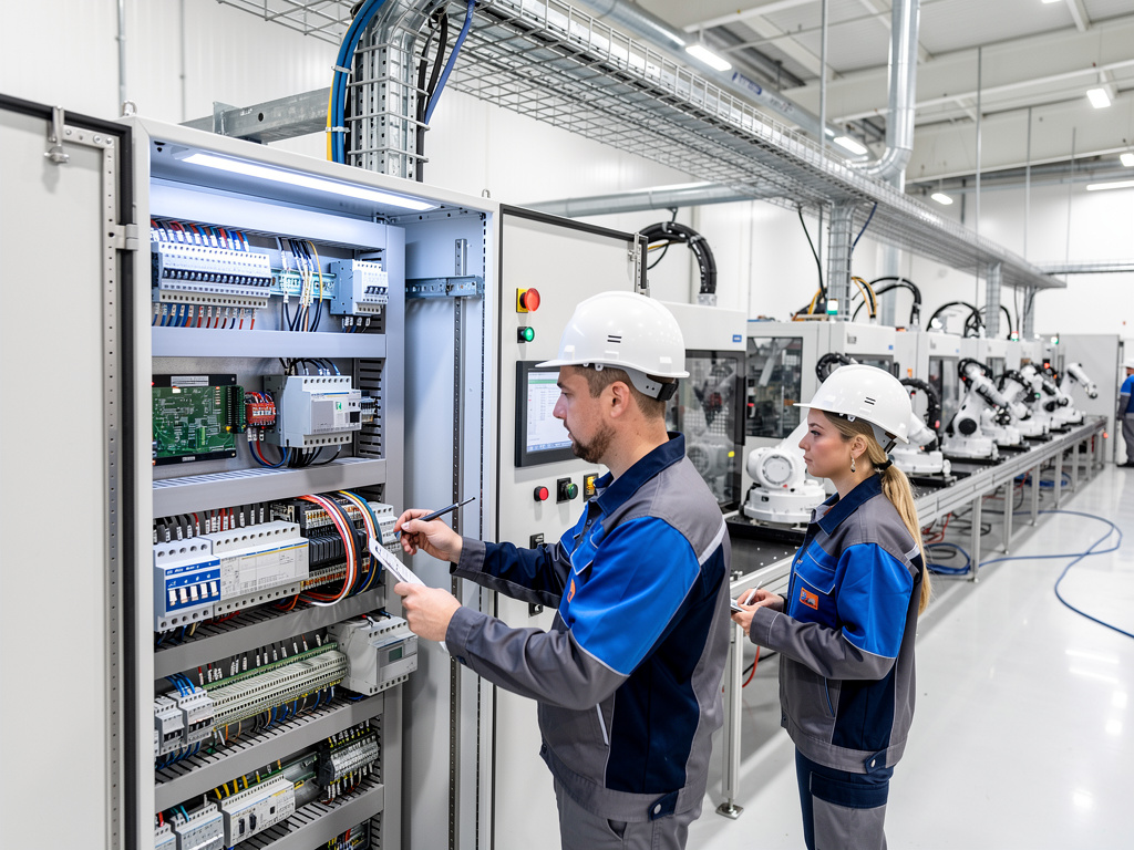 Técnicos con casco inspeccionan panel eléctrico y robots industriales en una fábrica automatizada