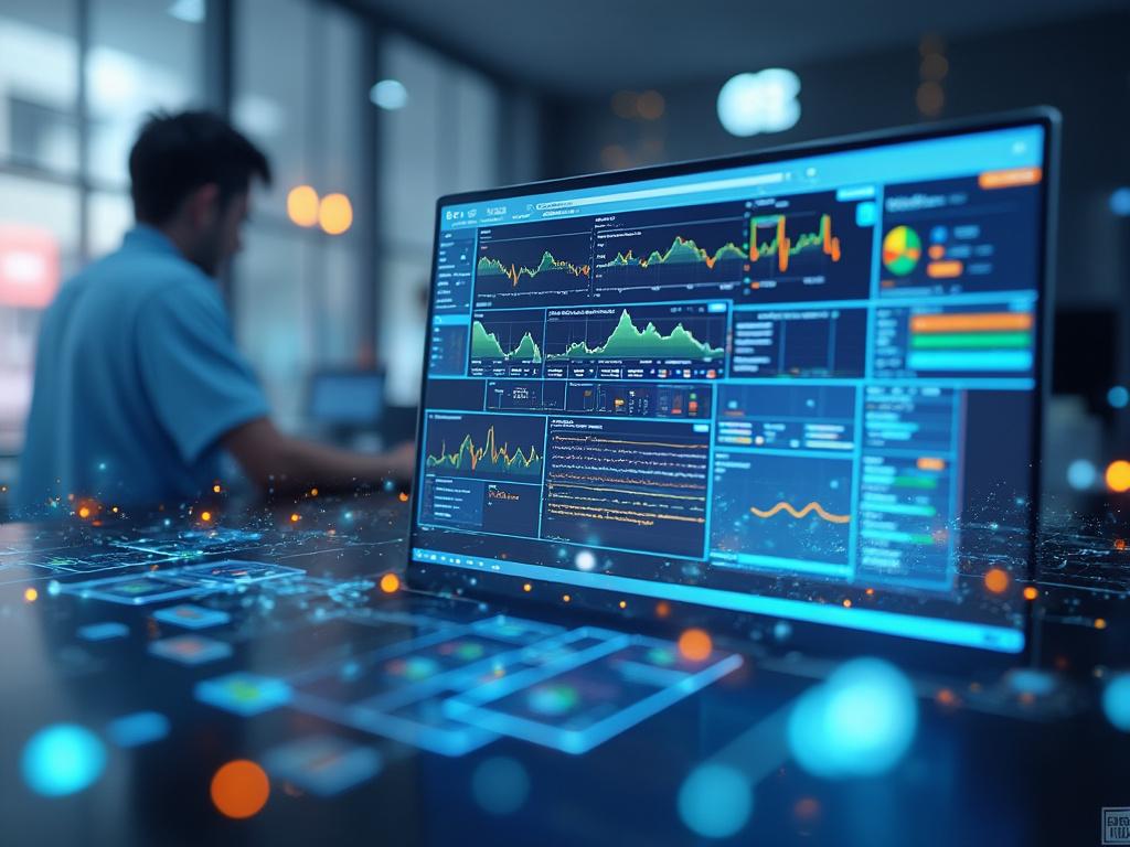 Pantalla de portátil mostrando gráficos y datos de análisis mientras un hombre trabaja en un entorno de oficina moderna y tecnológica.