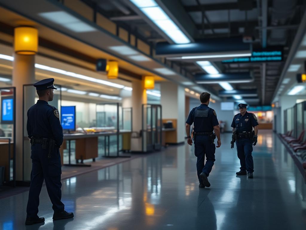 Policías patrullando un pasillo del aeropuerto iluminado con luces brillantes y señales en el techo.