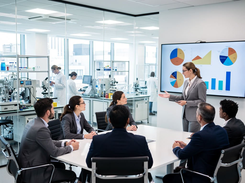Reunión ejecutiva en laboratorio moderno con presentación de gráficos de análisis de datos científicos
