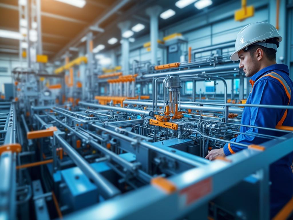 Trabajador con casco inspeccionando maquinaria en planta industrial moderna.