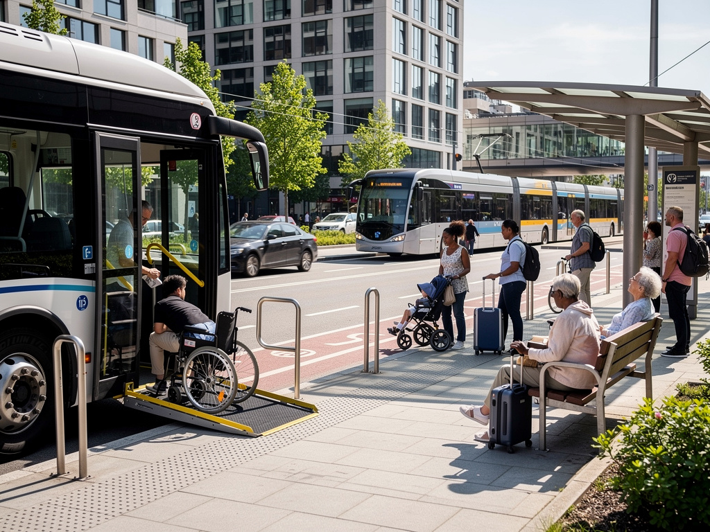 Autobús urbano accesible con rampa para silla de ruedas en parada moderna con pasajeros esperando y tranvía al fondo