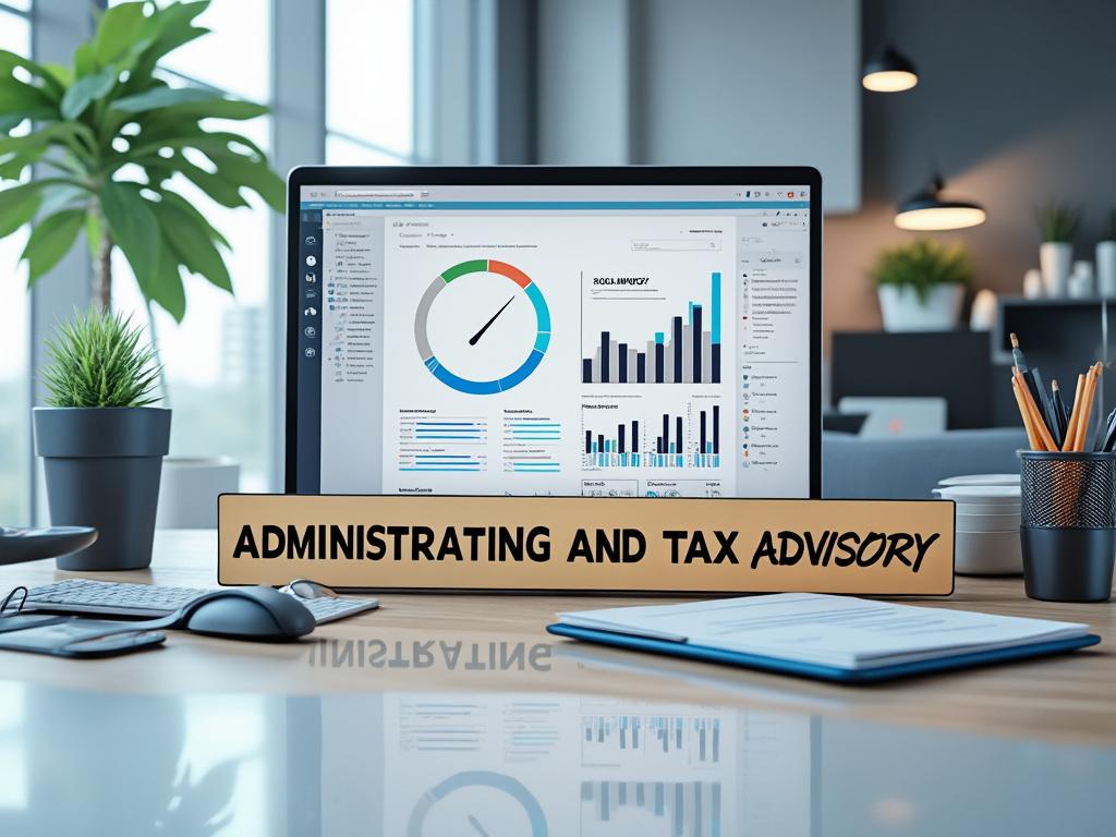 Oficina moderna con pantalla de computadora mostrando gráficos financieros, plantas pequeñas y cartel de asesoría administrativa y fiscal.