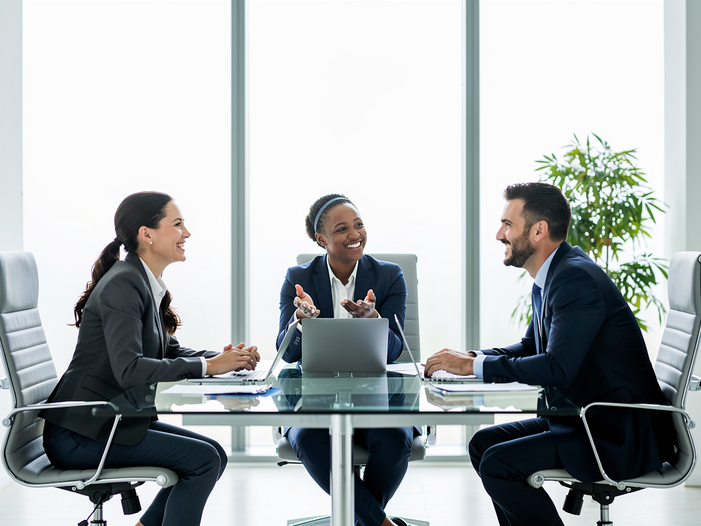 Equipo de negocios diverso sonriendo en reunión corporativa con portátiles en oficina moderna