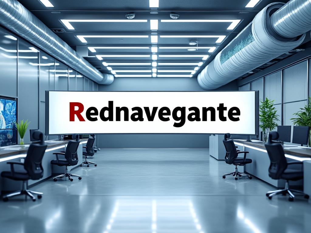 Oficina moderna con cartel de '
Navegante' en el centro, escritorios con sillas ergonómicas y plantas decorativas a los lados.
