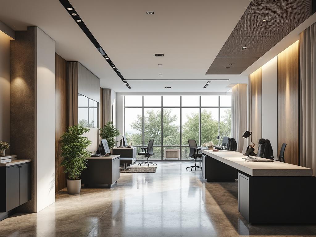 Oficina moderna con escritorios, sillas ergonómicas, plantas y ventana grande con vista al exterior.