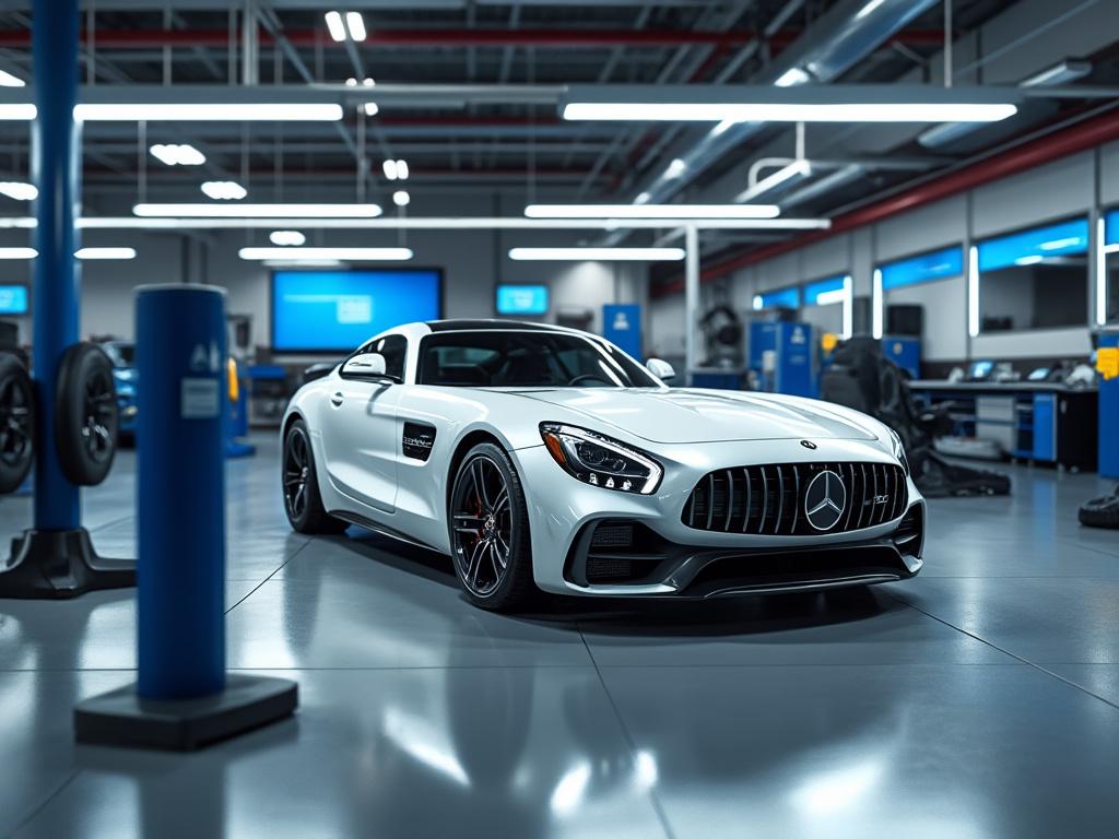 Coche deportivo blanco en un taller moderno con iluminación brillante y equipamiento avanzado.