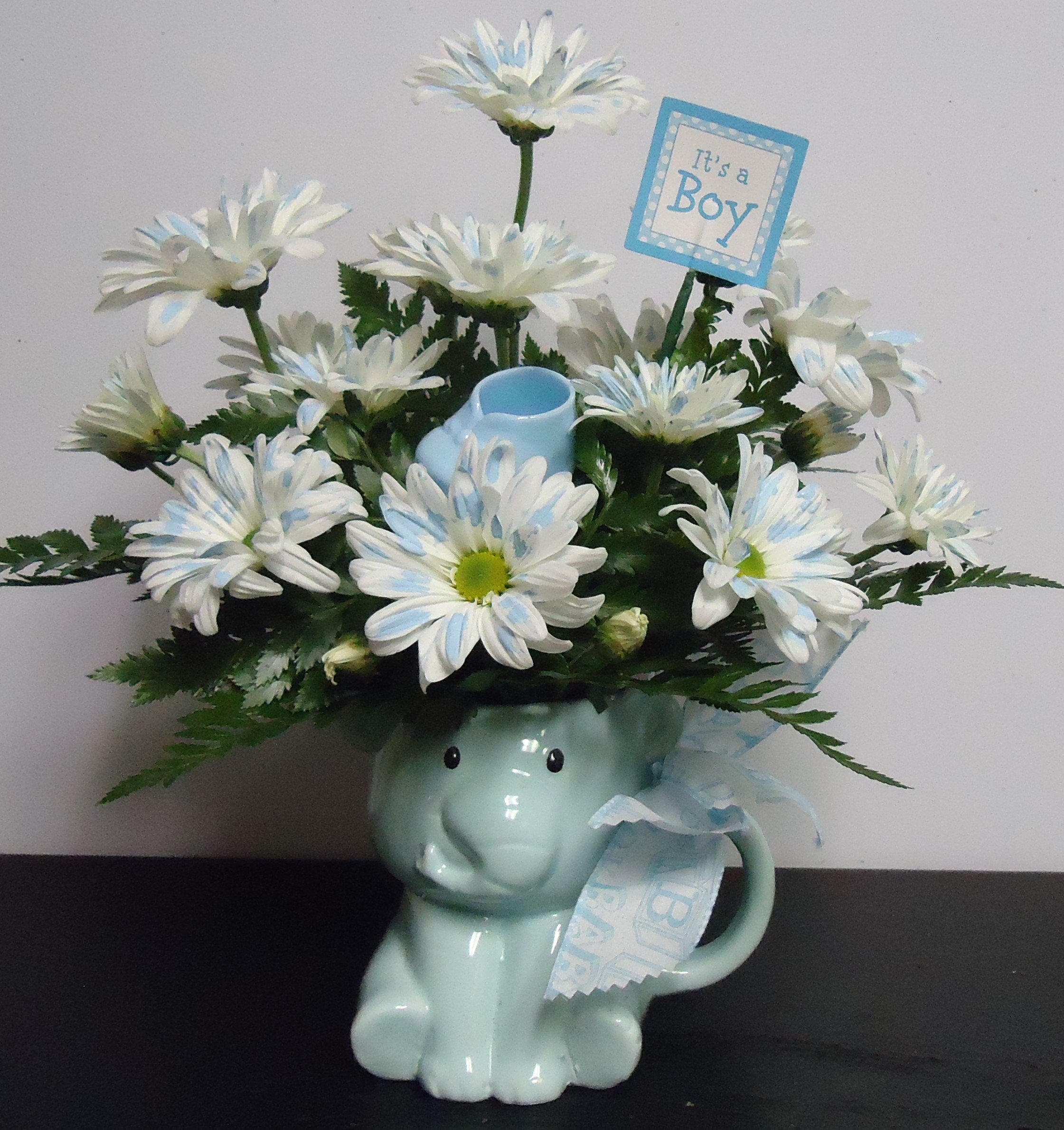 (1)  "IT'S A BOY" 
"Fresh" Daisy Bouquet
$30.00  (Containers May Vary)
(Available Also Baby Girl)