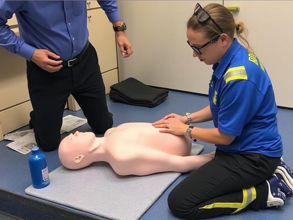 Two people practicing CPR on a training mannequin in a classroom setting.