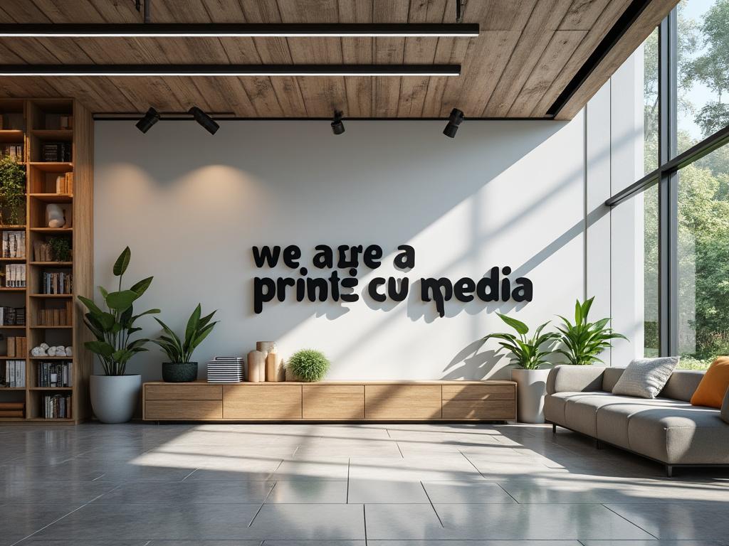 Oficina moderna con plantas, estantería de libros y sofá gris, iluminada por luz natural.