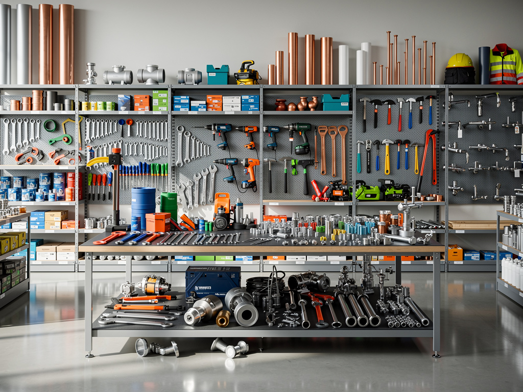 Tienda de suministros industriales con herramientas, tuberías, accesorios metálicos y equipos organizados en estanterías