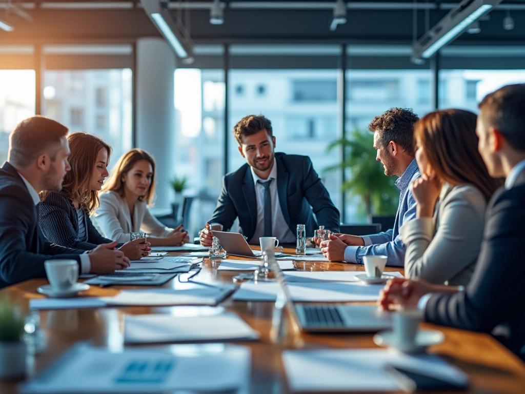 Grupo de profesionales en una reunión de negocios alrededor de una mesa con documentos y computadoras portátiles en una oficina moderna y luminosa.