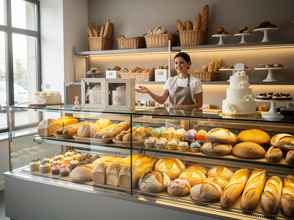 Panadería artesanal con mostrador de panes, cupcakes y pasteles decorados atendida por una pastelera sonriente