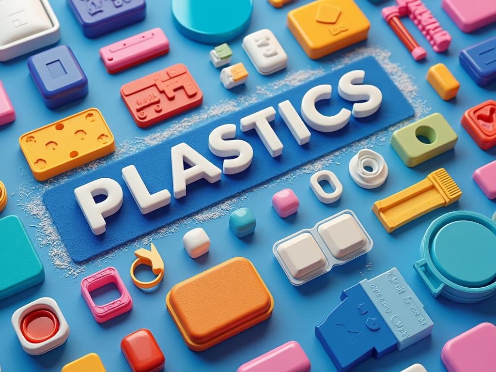 Imagen de diversas piezas de plástico de diferentes formas y colores sobre un fondo azul con la palabra 'PLASTICS' destacada en el centro.