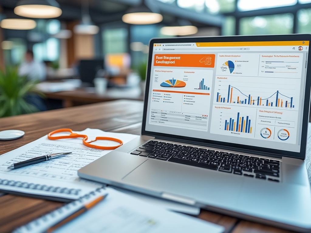 Open laptop on office desk displaying business analytics dashboard with charts and graphs, surrounded by documents, orange glasses, and a pen in a modern workspace.