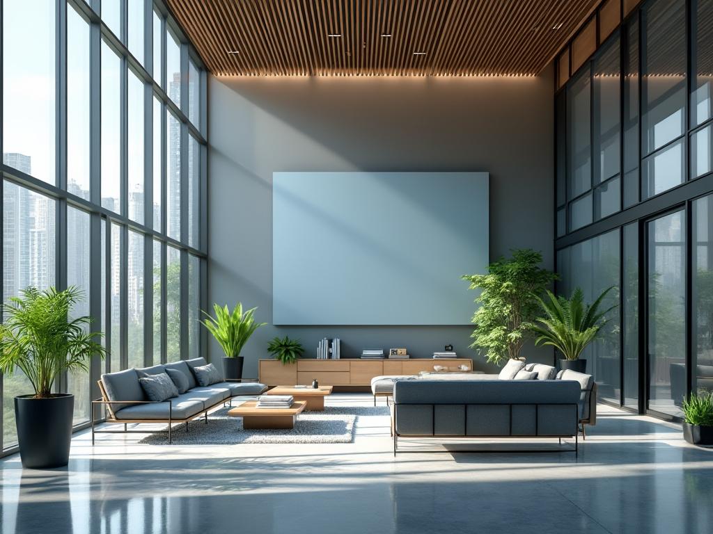 Sala moderna con muebles elegantes, plantas, ventanales amplios y luz natural.
