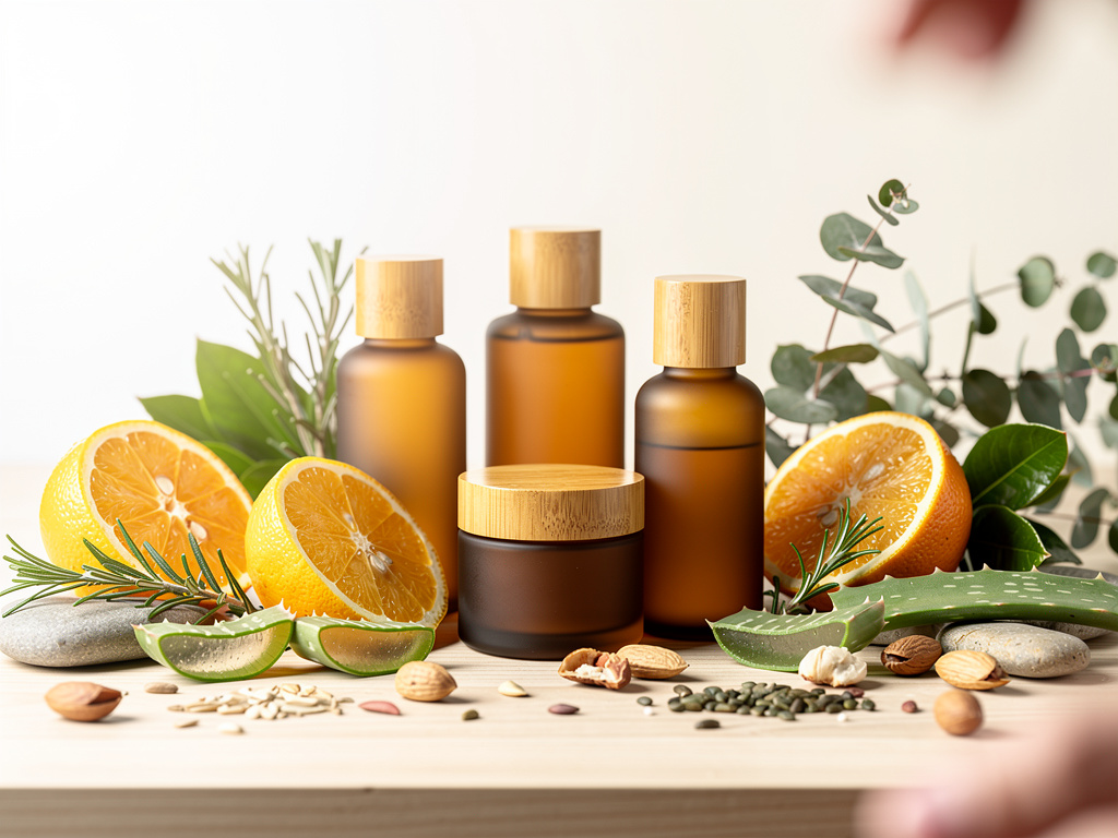 Productos cosméticos naturales en frascos ámbar con tapas de bambú, cítricos, aloe vera, romero y frutos secos Productos cosméticos naturales en frascos ámbar con tapas de bambú, cítricos, aloe vera, romero y frutos secos