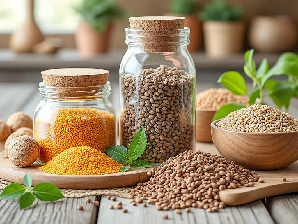 Frascos de vidrio con especias coloridas y hojas verdes en una tabla de madera.