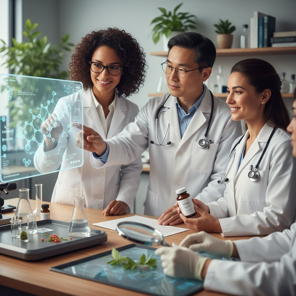 Rostro de mujer con flores rosadas y hojas verdes en un estilo surrealista.