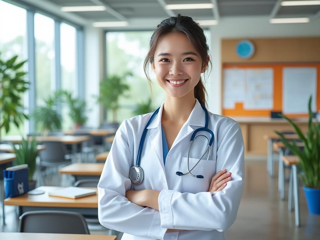 Médica joven con bata blanca y estetoscopio, sonriendo en un aula iluminada con plantas.