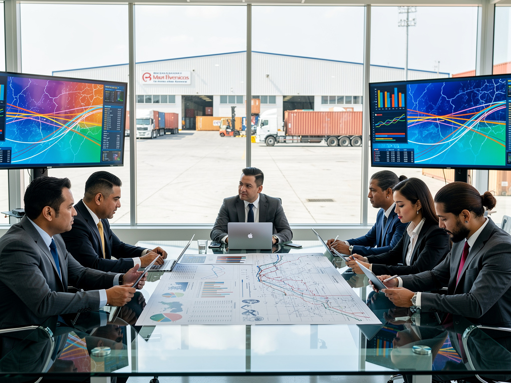 Reunión de ejecutivos de logística analizando datos de transporte y cadena de suministro en sala con pantallas digitales