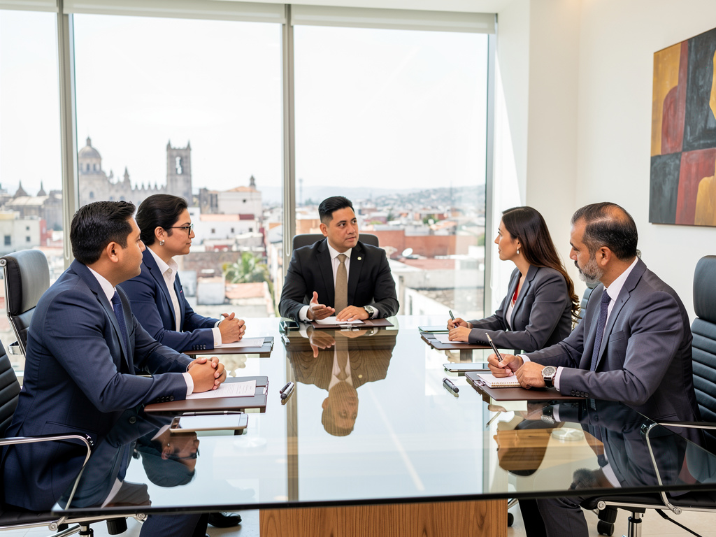 Ejecutivos en reunión de negocios en sala de juntas moderna con vista a la ciudad