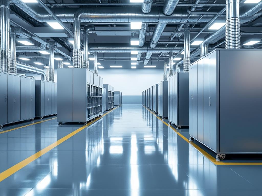 Pasillo de un moderno centro de datos con servidores y conductos de ventilación en el techo.