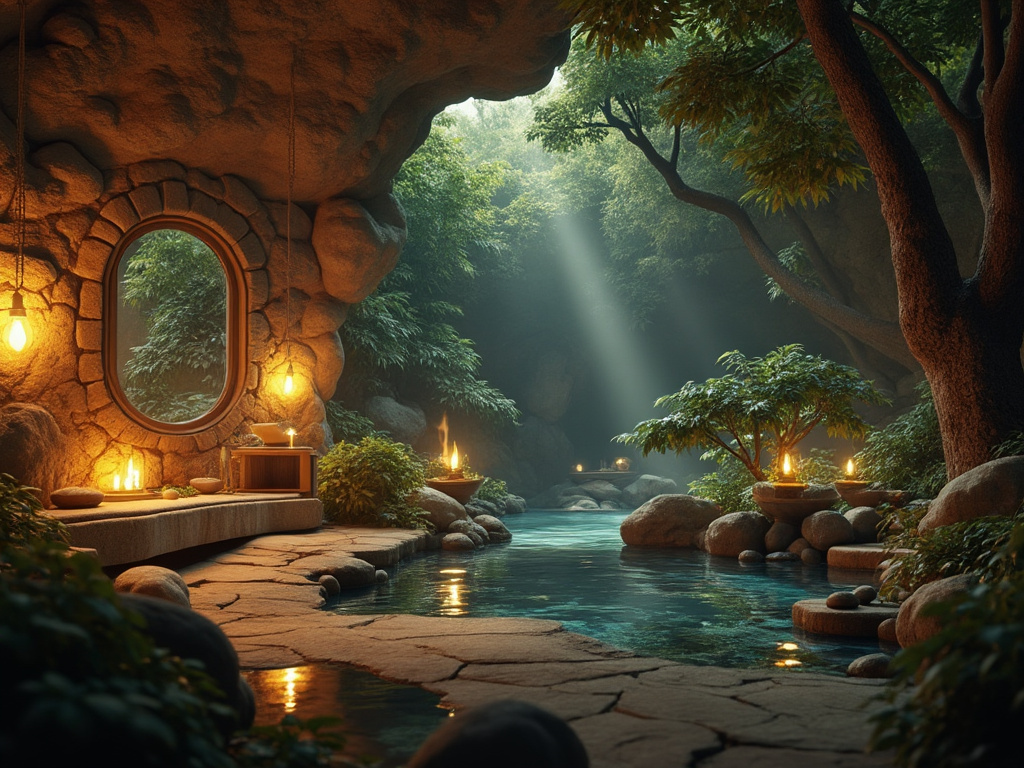 Piscina natural tipo spa en cueva de piedra rodeada de bosque, velas encendidas y luz solar entre árboles Piscina natural tipo spa en cueva de piedra rodeada de bosque, velas encendidas y luz solar entre árboles