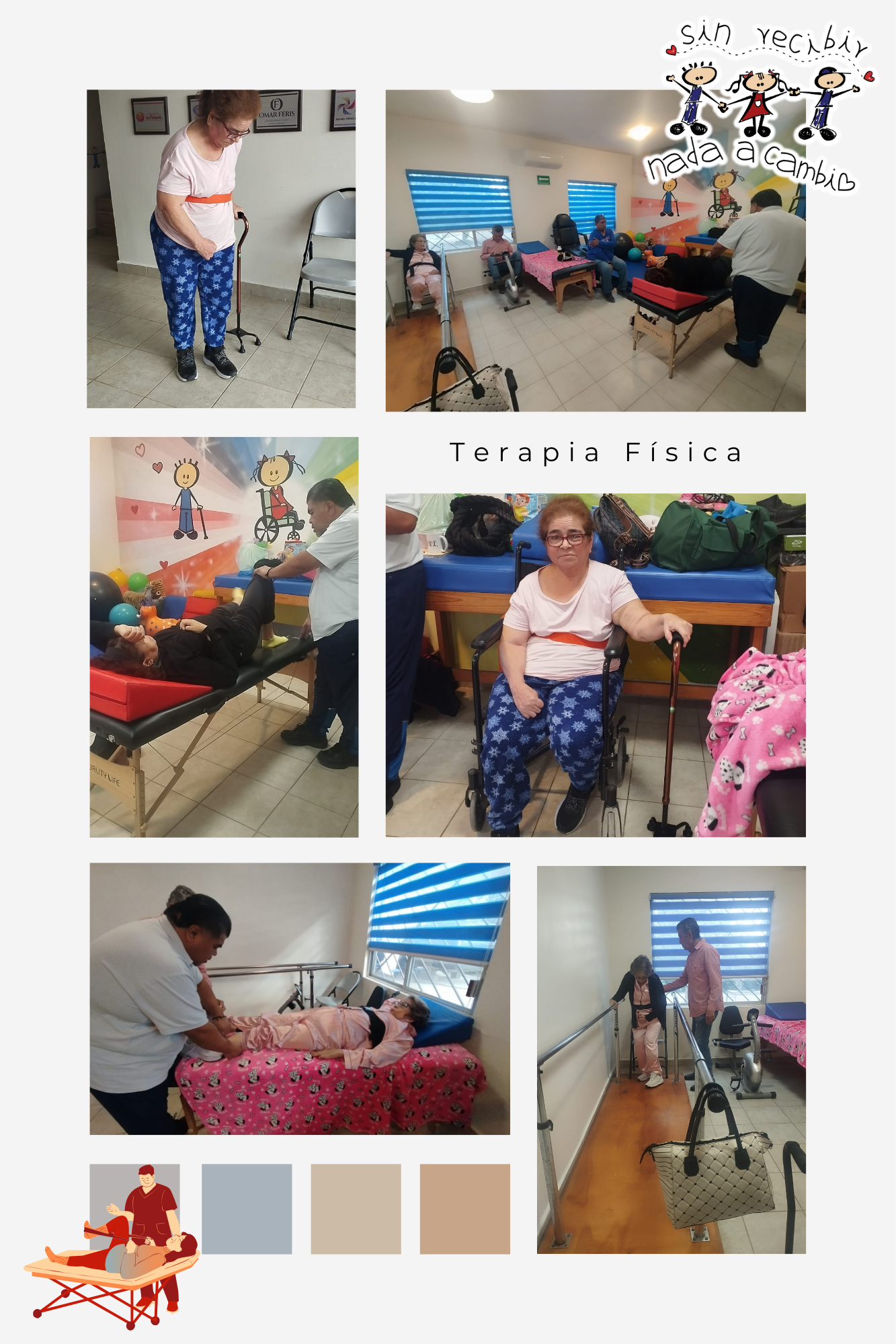 Collage de terapia física con pacientes y terapeutas realizando ejercicios de rehabilitación y fisioterapia en una sala con decoración colorida.